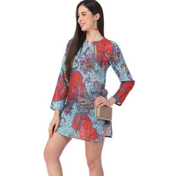 Raj Women's V-Neck Neck Printed Blue red tunic dress beach cover up sz M… - Picture 4 of 14